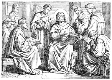 Old engravings. Depicts Augustine of Hippo, church school. clipart
