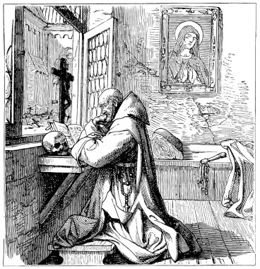 Old engravings. Shows a praying monk. clipart