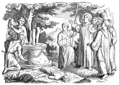 Old engravings. Depicts Saint Benedict of Nursia destroys the statue of Apollo at Monte Cassino clipart