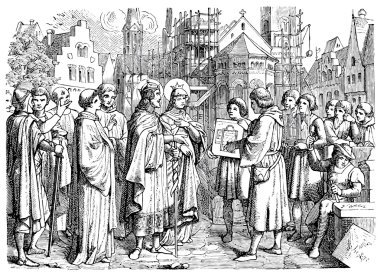 Old engravings. Depicted Henry II, Holy Roman Emperor, the founder of the Roman Catholic Archdiocese of Bamberg clipart