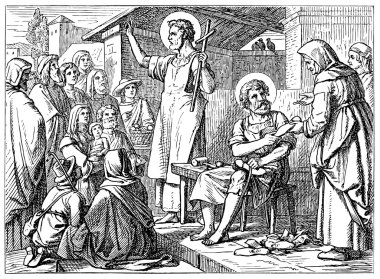 Old engravings. Depicted Saints Crispin and Crispinian clipart