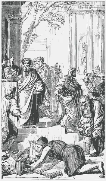 Ancienne gravure. Éphésiens brûler le livre après la prédication de l'apôtre Paul — Image vectorielle