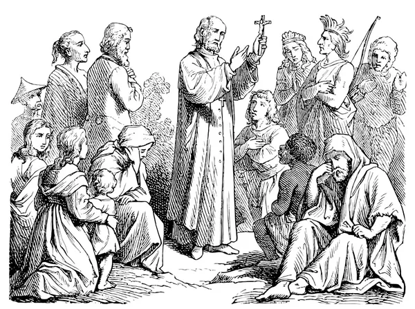 Старий гравюри. зображені місіонерської проповіді. — стоковий вектор