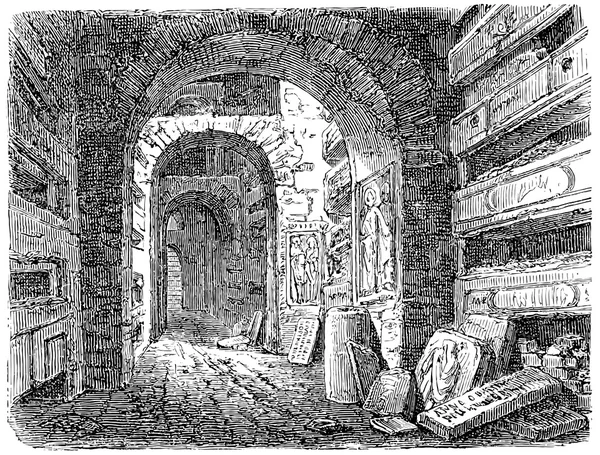 旧的雕刻品。显示了罗马的地下墓穴 — 图库矢量图片