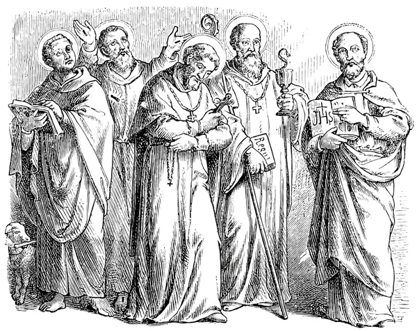 描述了圣多米尼克，圣阿方萨斯 · 玛丽亚 de liguori，nursia 的圣本笃，圣方济的圣伊格内修斯的安提阿 — 图库矢量图片