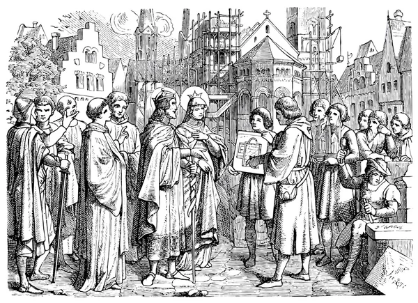 Alte Stiche. dargestellt henry ii, heiliger römischer Kaiser, der Gründer des römisch-katholischen Erzbistums Bamberg — Stockvektor