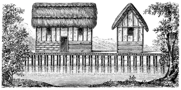 Une maison en bois sur pilotis (reconstruction ) — Image vectorielle