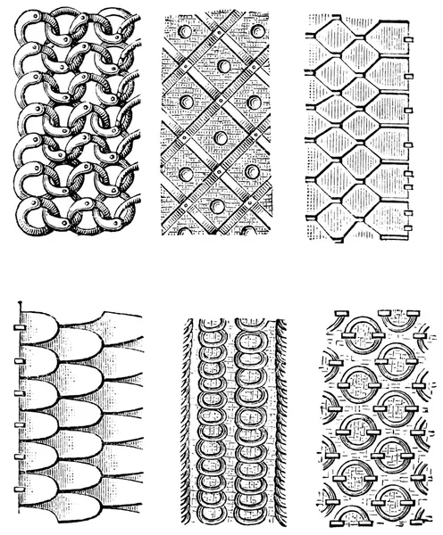 Samples weaving knightly chain armours. Publication of the book "Meyers Konversations-Lexikon", Volume 7, Leipzig, Germany, 1910 — Stock Vector