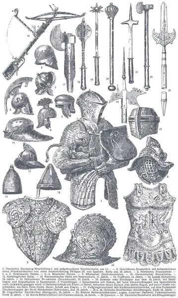 Knightly armor and weapons. Publication of the book "Meyers Konversations-Lexikon", Volume 7, Leipzig, Germany, 1910 — Stock Vector