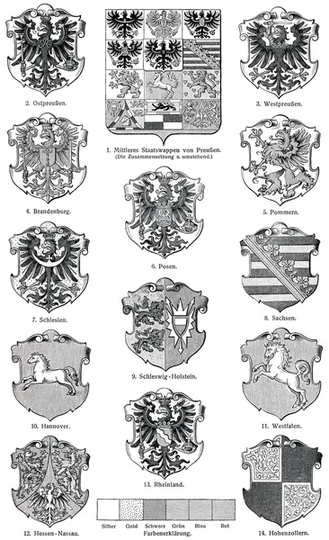 Coats of Arms of the Kingdom of Prussia. Publication of the book "Meyers Konversations-Lexikon", Volume 7, Leipzig, Germany, 1910 — Stock Photo, Image