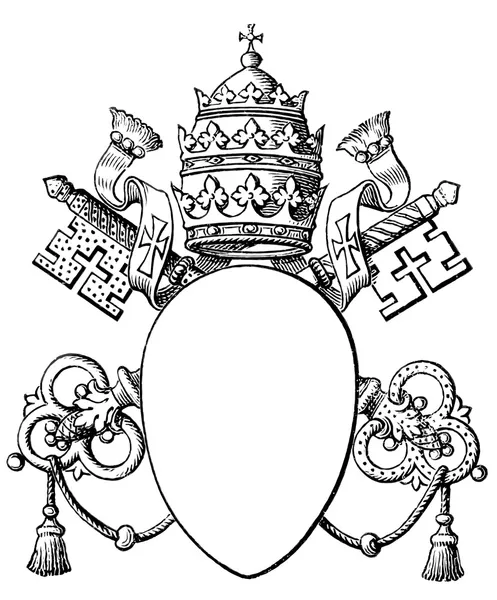 Papal coat of arms, and Tiara. The Roman Catholic Church. Publication of the book "Meyers Konversations-Lexikon", Volume 7, Leipzig, Germany, 1910 — Stock Vector