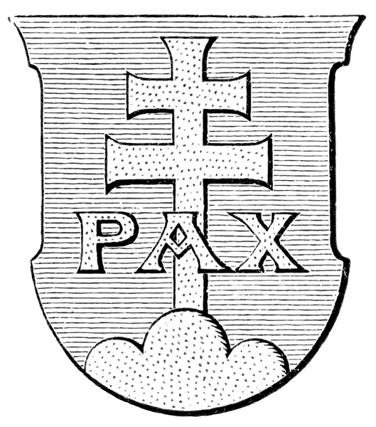 Pyhän Benediktin vaakuna. Roomalaiskatolinen kirkko. Kirjan julkaisu "Meyers Konversations-Lexikon", Volume 7, Leipzig, Saksa, 1910 — vektorikuva