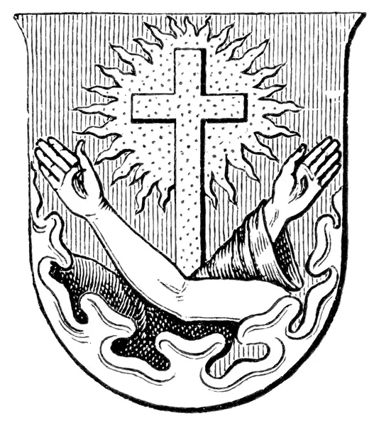 Escudo de armas Orden de los Frailes Menores. La Iglesia Católica Romana. Publicación del libro "Meyers Konversations-Lexikon", Volumen 7, Leipzig, Alemania, 1910 — Archivo Imágenes Vectoriales