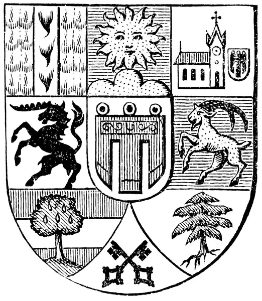Coat of arms of Vorarlberg, (Austro-Hungarian Monarchy). Publication of the book "Meyers Konversations-Lexikon", Volume 7, Leipzig, Germany, 1910 — стоковий вектор