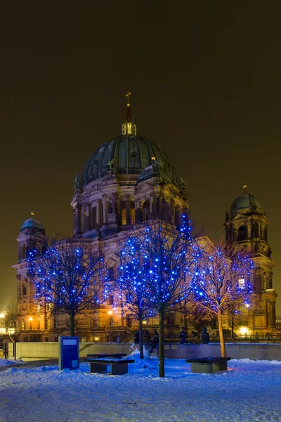 Berlin domkyrka (berliner dom) och träden i förgrunden i juleljus. — Stockfoto