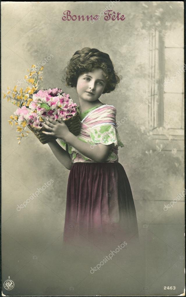 Old Swiss Postcard 1916 Shows A Girl With Flowers The Inscription In French Happy Birthday Stock Photo Image By C S Kohl