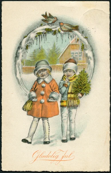Old Danish Christmas postcard, 1930. The inscription in Danish: Merry Christmas! — Stock Photo, Image