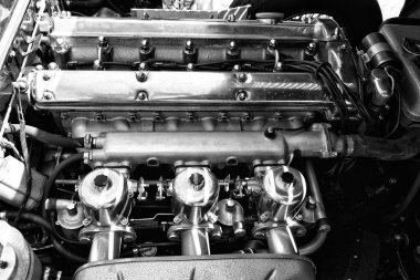 PAAREN IM GLIEN, GERMANY - MAY 19: Engine British sports car Jaguar E-Type (Aka Jaguar XK-E), close-up, 