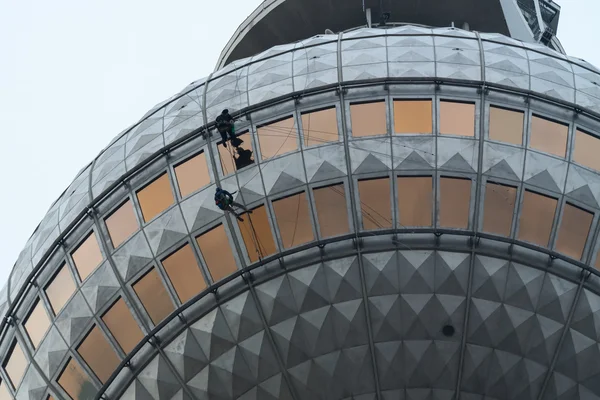 Accès à la corde. Des grimpeurs lavent les fenêtres de la Tour de télévision de Berlin — Photo