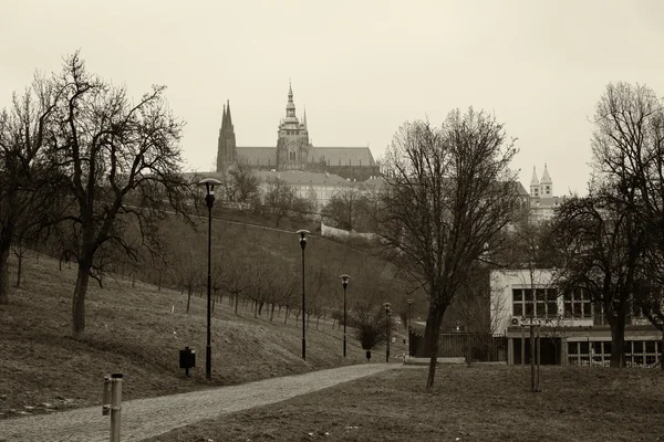 Prague. Cathédrale Saint-Vitus. Vue depuis les terrasses de Petrin. Nuageux. Film stylisé. Sepia . — Photo