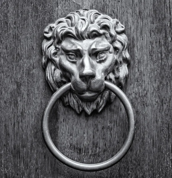 Manija de la puerta en forma de cabeza de león. Película estilizada. Blanco y negro. Tonificación. Granos grandes —  Fotos de Stock