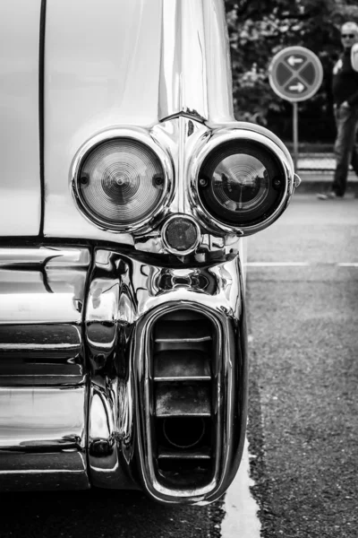 BERLIN, GERMANY - MAY 17, 2014: The rear brake lights of oldtimer Cadillac Series 62 (Fifth generation). Black and white. 27th Oldtimer Day Berlin - Brandenburg — Stock Photo, Image