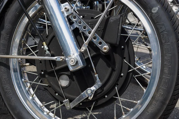 BERLIN, GERMANY - MAY 17, 2014: Unique magnesium front brake of the motorcycle 1200 Munch Mammoth TTS. 27th Oldtimer Day Berlin - Brandenburg — Stock Photo, Image
