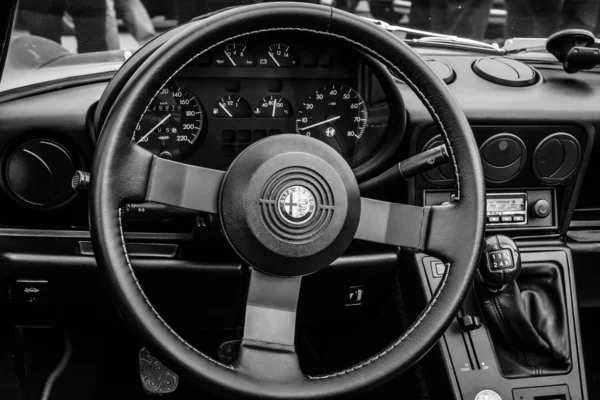 BERLIN, GERMANY - MAY 17, 2014: Cab of the roadster Alfa Romeo Spider (Third generation). Black and white. 27th Oldtimer Day Berlin - Brandenburg — Stock Photo, Image