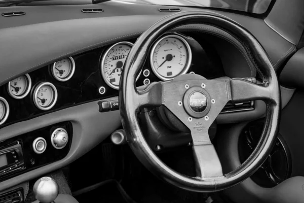 BERLIN, GERMANY - MAY 17, 2014: Cab of a two-seater convertible sports car TVR Chimaera 450. Black and white. 27th Oldtimer Day Berlin - Brandenburg — Stock Photo, Image