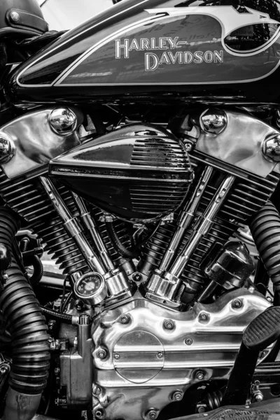 BERLIN, GERMANY - MAY 17, 2014: Twin Cam engine of the motorcycle Harley-Davidson. Black and white. 27th Oldtimer Day Berlin - Brandenburg — Stock Photo, Image