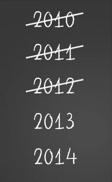 2010, 2011, 2012, kciuki i nowy rok 2013, 2014 na tablicy — Zdjęcie stockowe