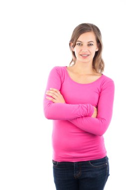 kendinden emin gülümseyen kız ayakta kolları portresi geçti