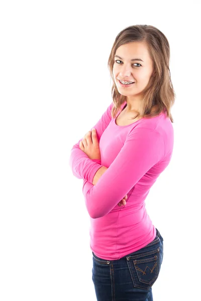 Portrait of confident smiling girl standing arms crossed — Stock Photo, Image