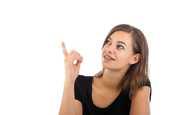 Closeup portrait of attractive happy young woman pointing at cop — Stock Photo, Image