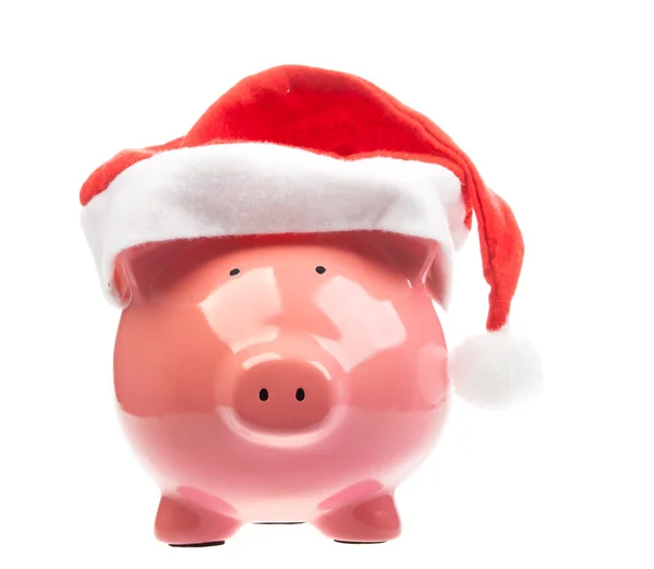 Banco porquinho com chapéu de Natal — Fotografia de Stock