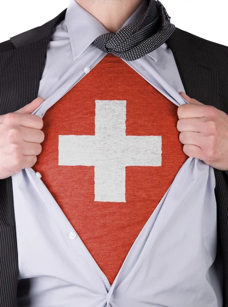 Affärsman med schweizisk flagga t-shirt — Stockfoto