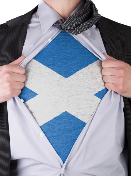 Homem de negócios com bandeira escocesa t-shirt — Fotografia de Stock