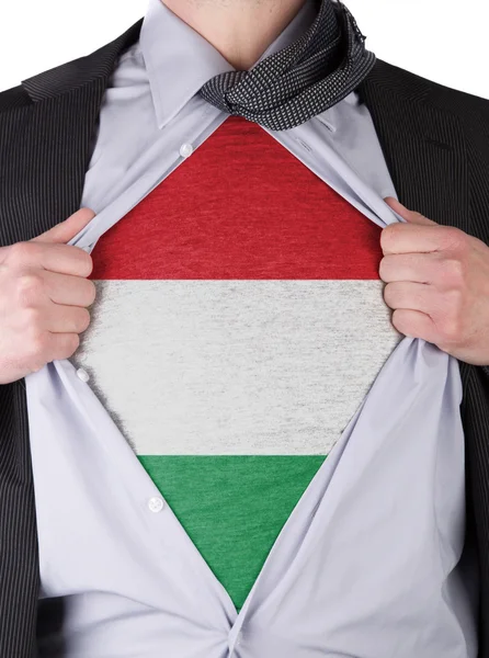 Geschäftsmann mit T-Shirt mit ungarischer Flagge — Stockfoto