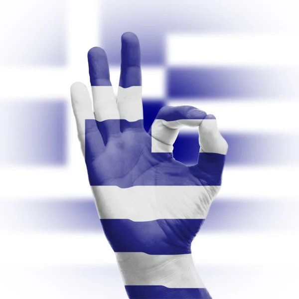 Hand OK sign with Greek flag — Stock Photo, Image