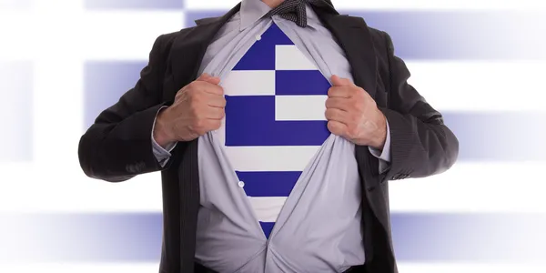 Affärsman med grekisk flagga t-shirt — Stockfoto