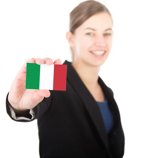 Mulher de negócios segurando um cartão com a bandeira italiana — Fotografia de Stock