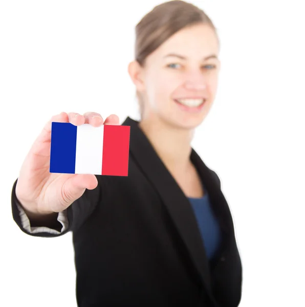 Femme d'affaires titulaire d'une carte avec le drapeau français — Photo