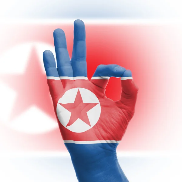 Mão OK assinar com bandeira norte-coreana — Fotografia de Stock