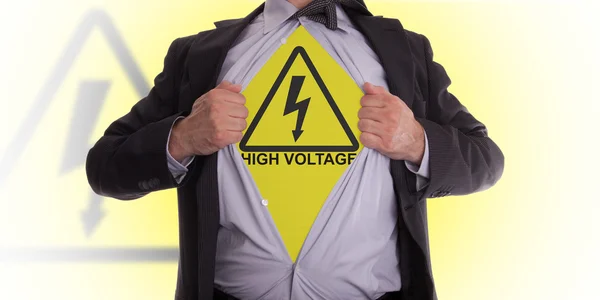 Business man with high voltage t-shirt — Stock Photo, Image