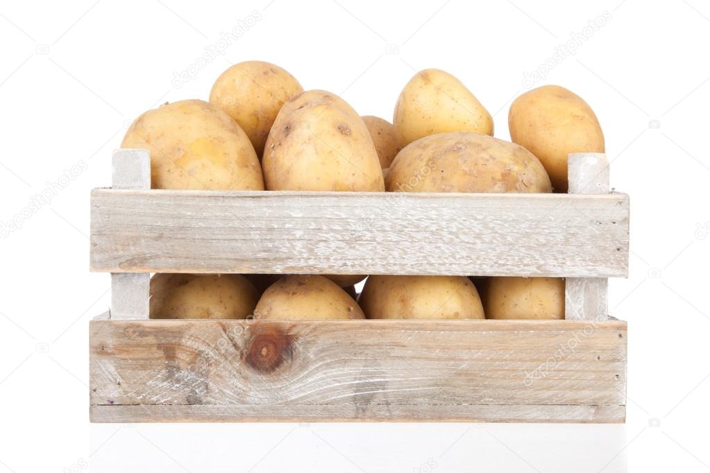 potatoes in a wooden crate