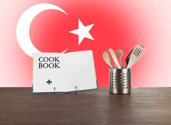 Cookbook and kitchen utensils with Turkish flag — Stock Photo, Image