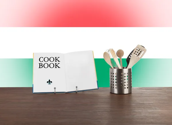 Cookbook and kitchen utensils with Hungarian flag — Stock Photo, Image