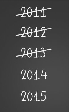 2011, 2012, 2013 geçti ve yeni yıl 2014, kara tahta üzerinde 2015