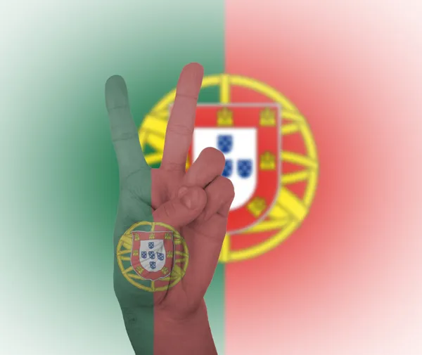 Signo de paz de mão com bandeira de Portugal — Fotografia de Stock