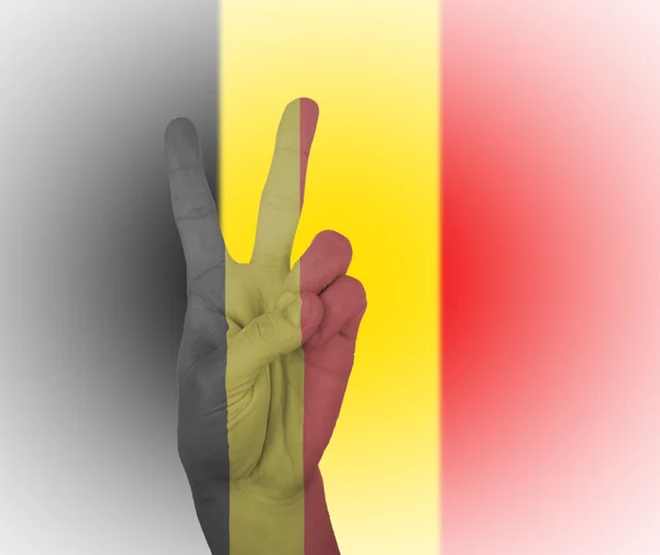 Hand peace sign with flag of Belgium — Stock Photo, Image